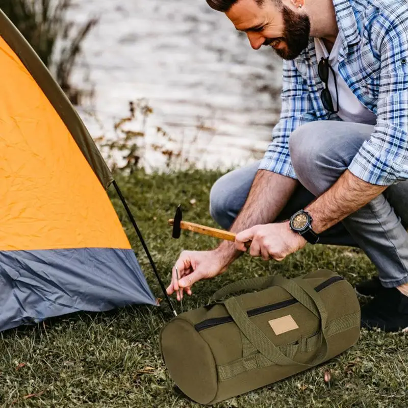 Camping Tent Stakes Bag Large Capacity Canvas Bag Wear-resistant Tool Bag For Large Capacity Cylindrical 11.8 In Peg Bag 4