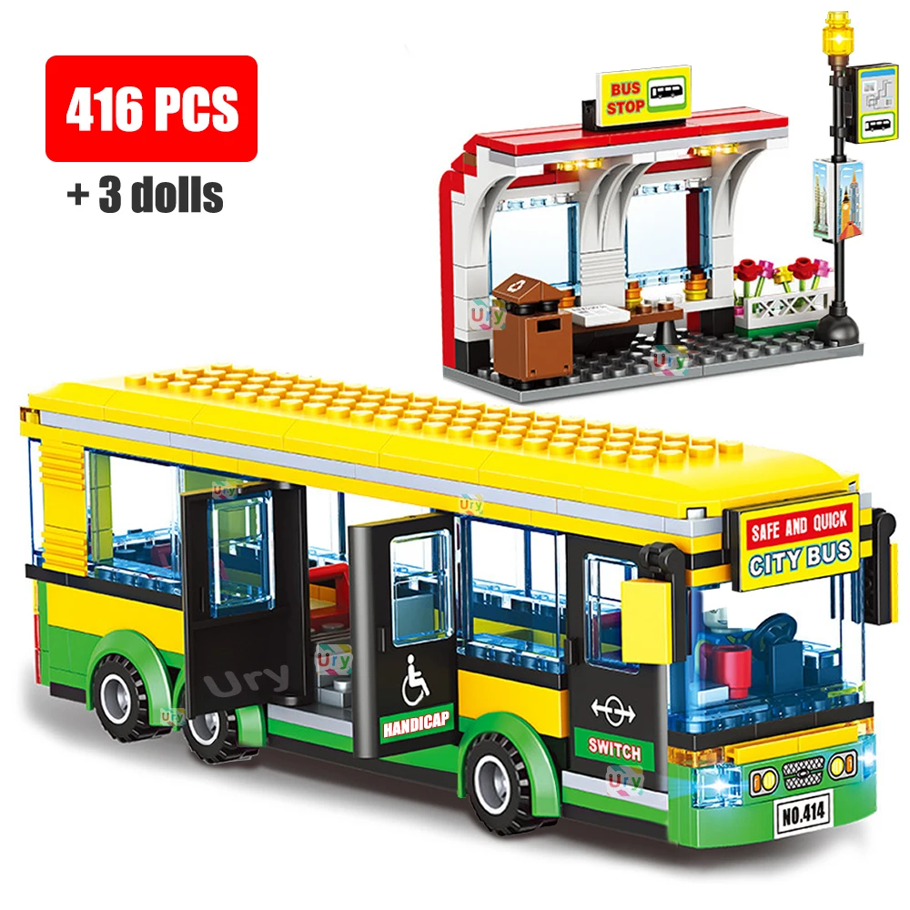 City Car Yellow Passenger School Bus Station Single-Deck Public Set Figure Model Building Blocks Giocattoli Fai Da Te Per I Regali Dei Ragazzi