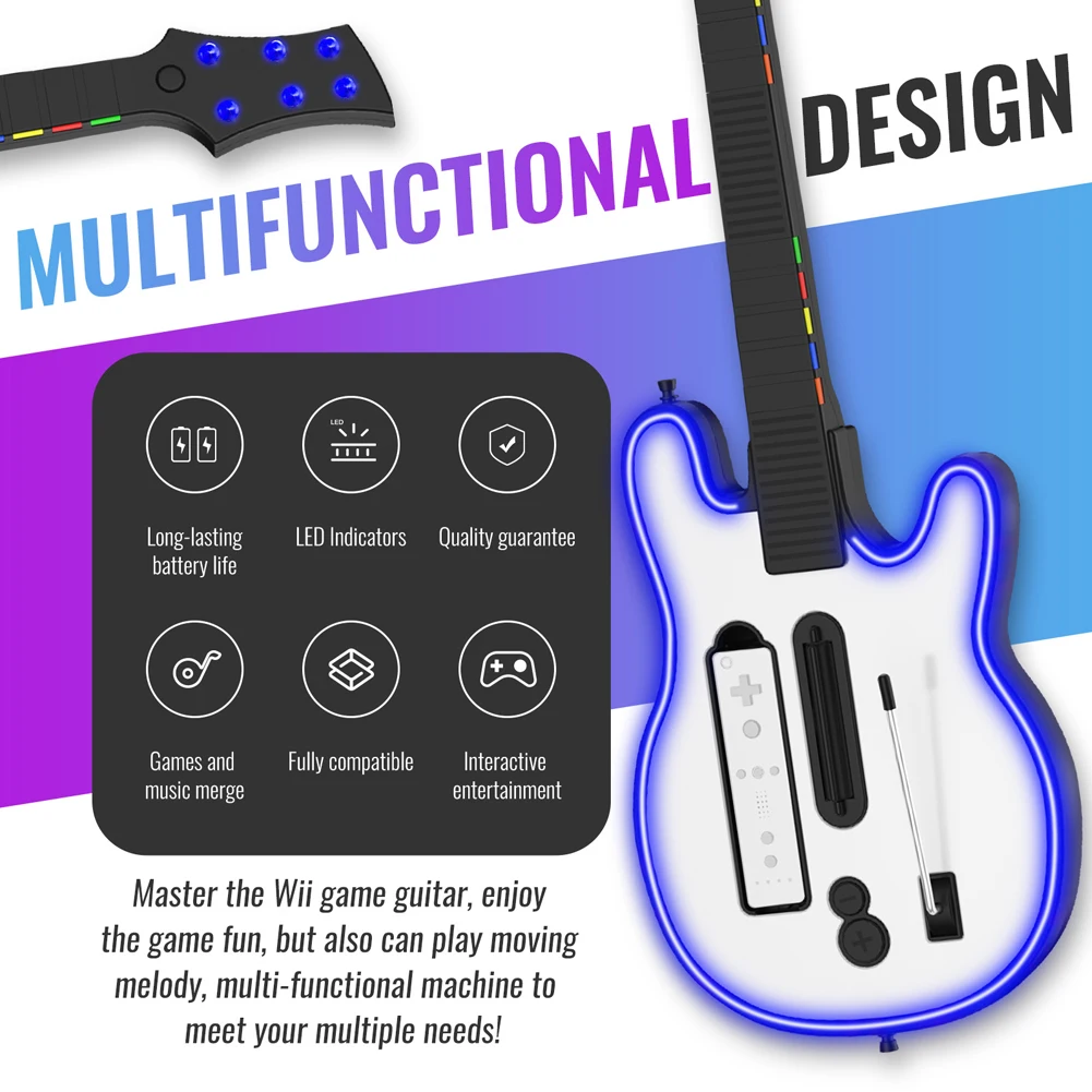 Wireless Guitar Controller Console Remote Joystick RGB Guitar Handle Game for Wii Hero and Rock Band Games