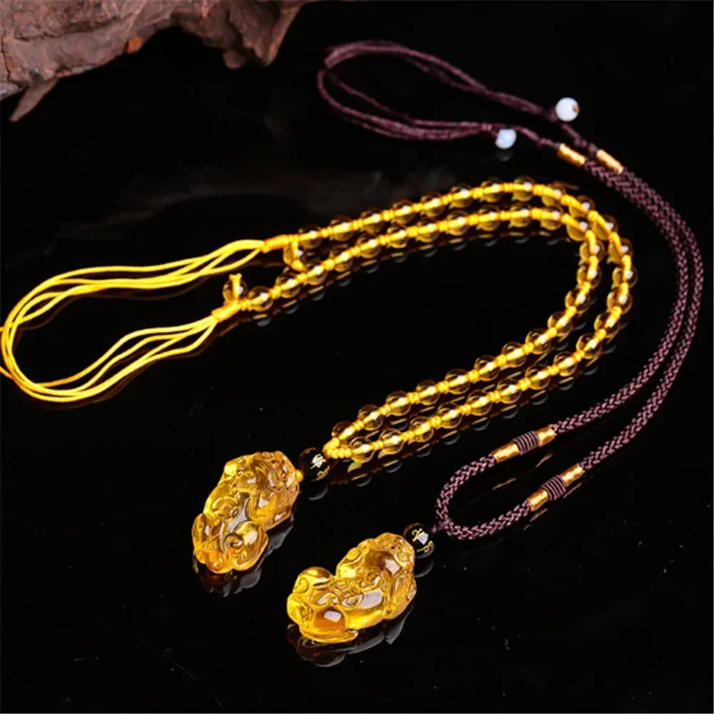 Hand Carved Natural Citrine Pixiu Pendant Necklace Men Women Bring Wealth Yellow Crystal Amulet Sweater Chain Jewelry pendant necklace