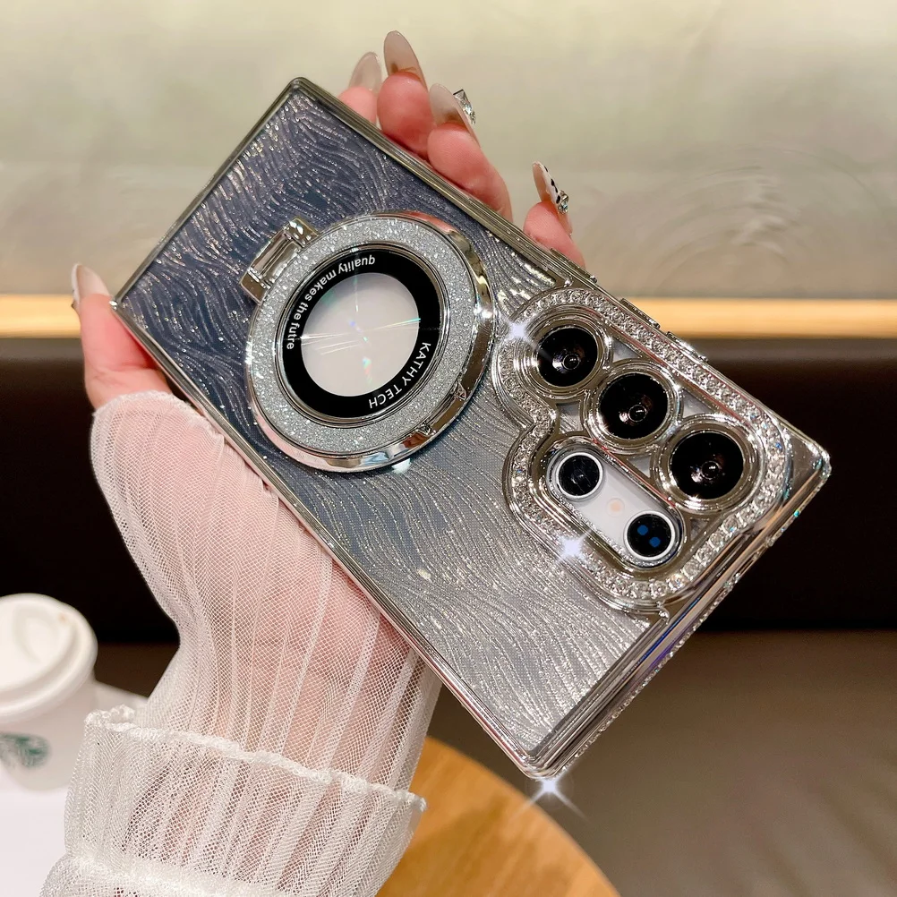 Rhinestone Glitter Magnetic Mount Water Ripple Case with Camera Protection