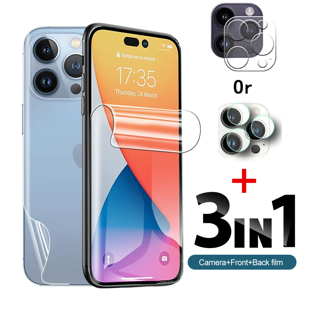 

10set 3in1 Front Back Cover Hydrogel Film For iPhone 14 15 Pro Max Camera Lens Soft Glass for 14 15 plus Screen Protector