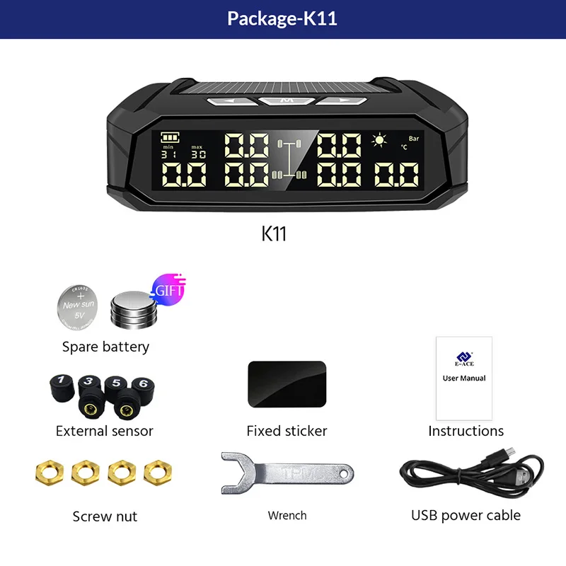 E-ACE K11 Solar Power TPMS Car Detector 6 Sensors tpms tire pressure monitoring system Auto Security Detector Pressure car tire pressure monitor motorcycle tire pressure monitor car tire pressure sensor