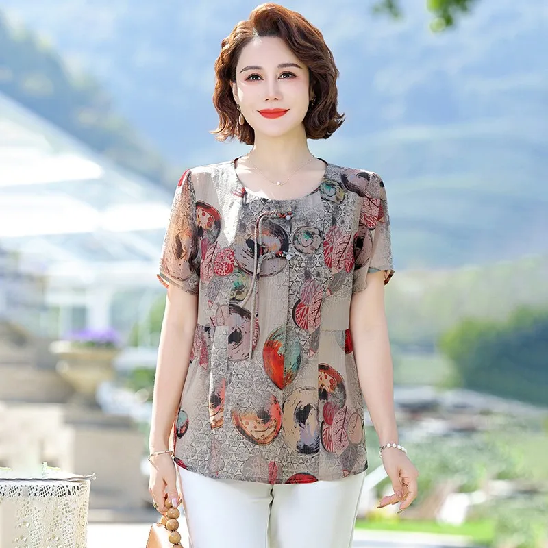 

Summer New Vintage Broken Flowers Blouse Commute Female Clothing Folk Casual Round Neck Short sleeved Shirt