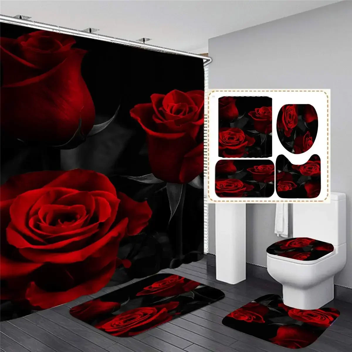 Red Rose Flowers Bathroom Curtains Black Fabric Shower Curtain Set Bath Mats Rugs Toilet Lid Cover Anti-skid Carpet Home Decor 4