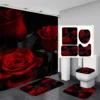 Red Rose Flowers Bathroom Curtains Black Fabric Shower Curtain Set Bath Mats Rugs Toilet Lid Cover Anti-skid Carpet Home Decor 4