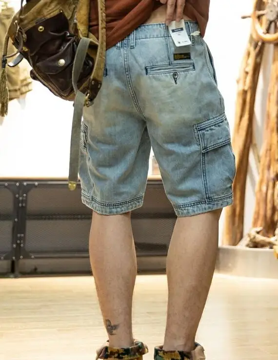 Summer Men's Loose Straight Leg Denim Shorts Multiple Pockets Outdoor Knee Length Jean Shorts