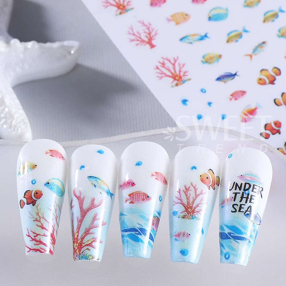 3pcs Sea Animal Nail Stickers Summer Goldfish Coral Koi Seaweed Ocean Wave Design Adhesive Slider Nail Decals DIY Manicure Decor