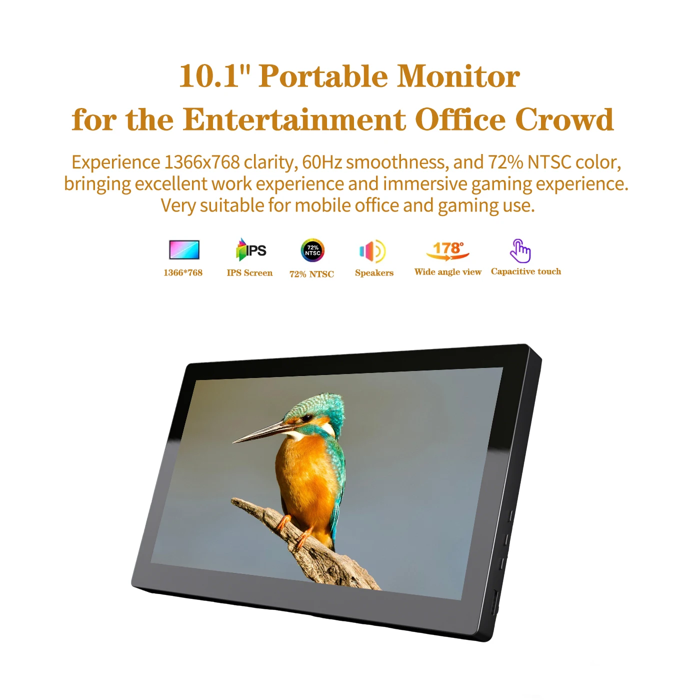 10.1인치 터치스크린 휴대용 모니터, 1366x768 HD IPS 디스플레이, HDMI Type-C, 노트북 PC 스위치용 외부 보조 화면