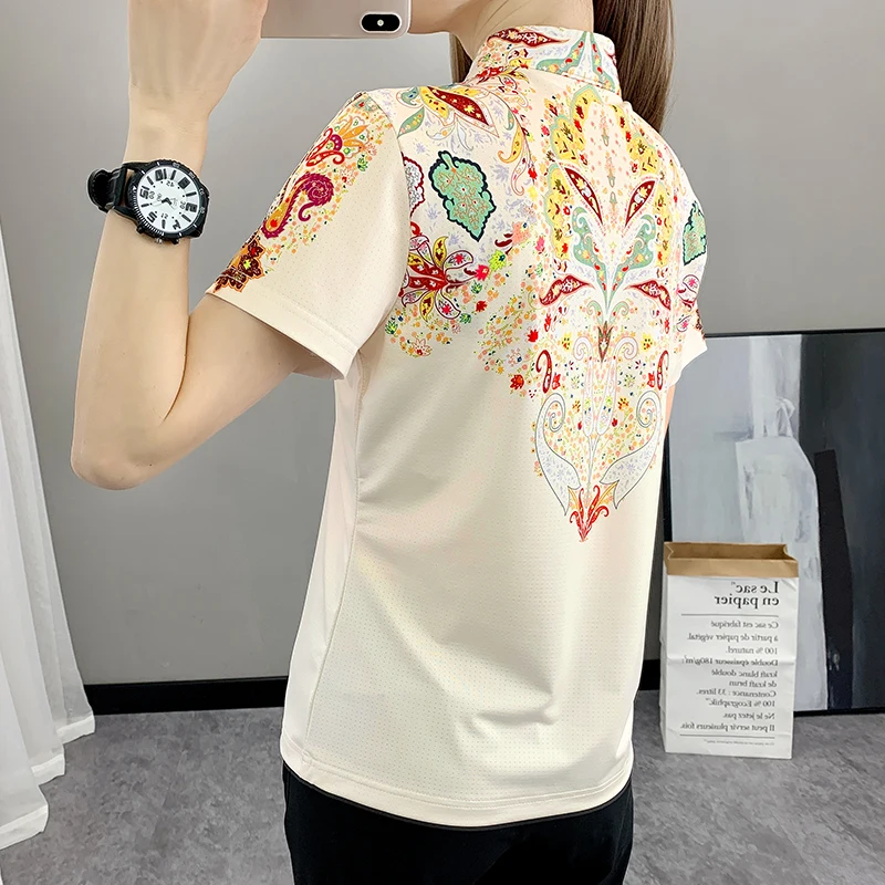 Women's Unique Print Outdoor Sports T-shirts Breathable Quick Dry Workout Shirt Running Hiking Camping Stand Collar Top Clothing