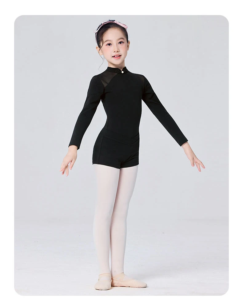 Mädchen-Ballett-Trikot im chinesischen Stil, eleganter Stehkragen mit gefälschten Knöpfen, Mesh-Splice-Tanz-Body, hochelastisch, langärmelig – Detail 10