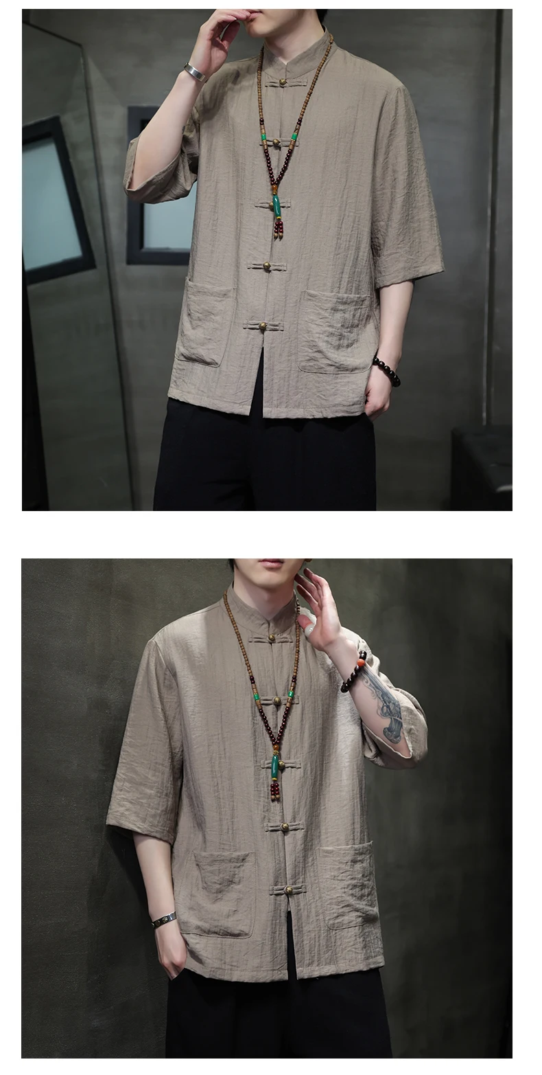 Description Picture 6 of itemCreative Chinese Style Plate Button Literary Shirt Tang Suit Short-sleeved Japanese Kimono Samurai Clothing Men's Yukata Jacket