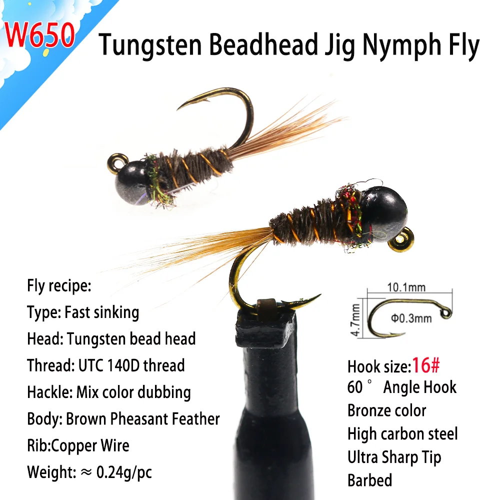 5 Stück/6 Stück # 16 Wolfram-Kugelkopf-Jig-Nymphen-Fliegenhaken mit Widerhaken, schnell sinkende Euro-Wet-Nymphen für Forellen- und Barsch-Angeln, Köder – Detail 2