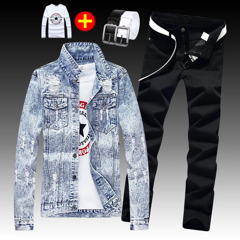 4 Pcs Set Hip Hop New Spring Autumn Men's Denim Jacket Holes 4 Pcs Set Hip Hop New Spring Autumn Men's Denim Jacket Holes