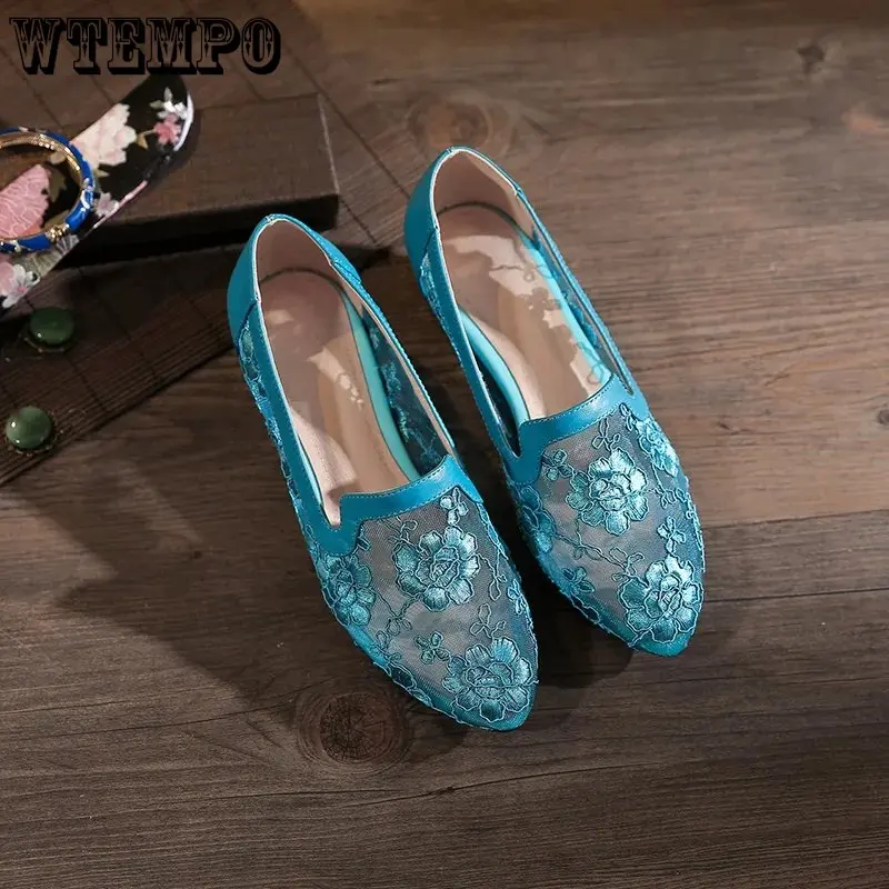 

WTEMPO Summer New Casual Mesh Hollow Out Sandals Women Black Blue Thick Low Heel Lace Embroidered Single Shoes Drop Shipping