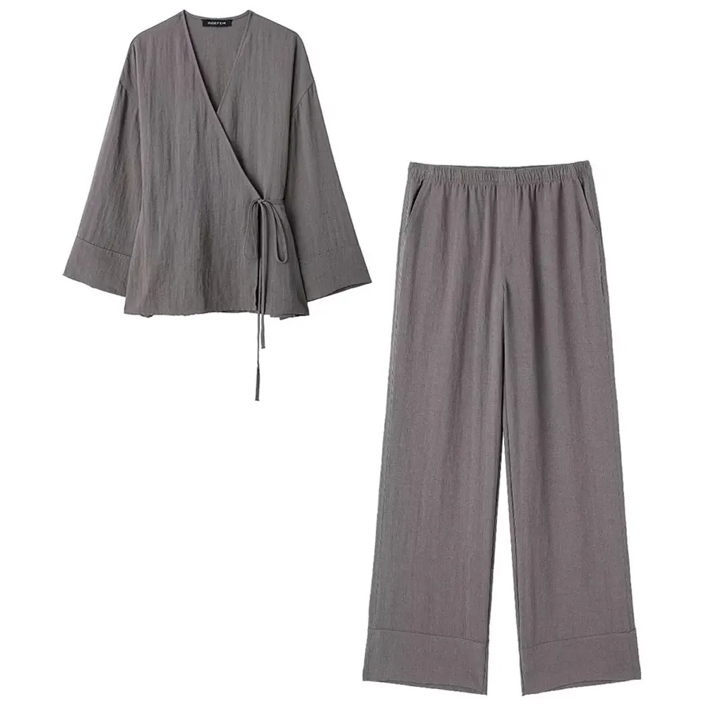 Women Elegant Solid Blouse Pant Suit Long Sleeve V Neck Lace Up Shirt Elastic Waist Casual Trouser Pajama Style Sets TRAF