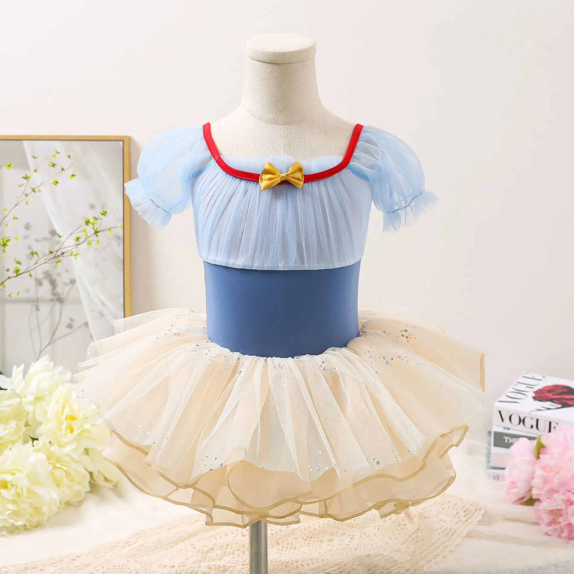 

Children Dance Clothing Ballet Skirt Long-sleeved Mesh Stitching Contrasting Color Girl Gymnastics Training Clothing Tutu Skirt