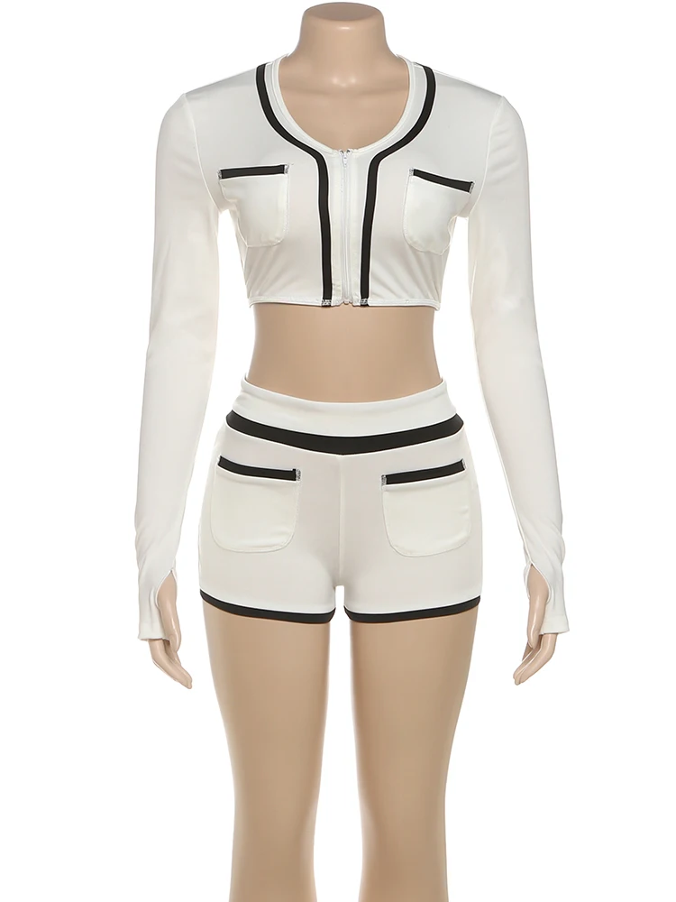 Nibber Stripe Fashion 2-Piece Set Women Pocket Decoration Zipper o-Neck Long Sleeve Crop Tops+Elastic Waist Shirt Skinny Suits