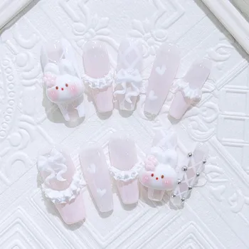 10pcs Handmade Press On Nails Light Pink French Style White Long Coffin False Nails Cute 3D Rabbit Designs Sweet Fake Nail Tips 1