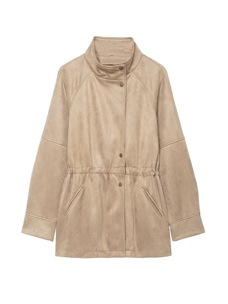 New Women Suede Jackets Coat Retro Stand Collar Mid-length Casual Streetwear Female Fashion Solid Oversize Autumn Winter Jacket