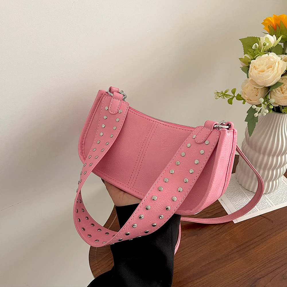 Retro Studded Shoulder Bag Vintage PU Leather Underarm Bag Y2k Crossbody Bags Causal Tote Handbag Women Fashion Underarm Pouch