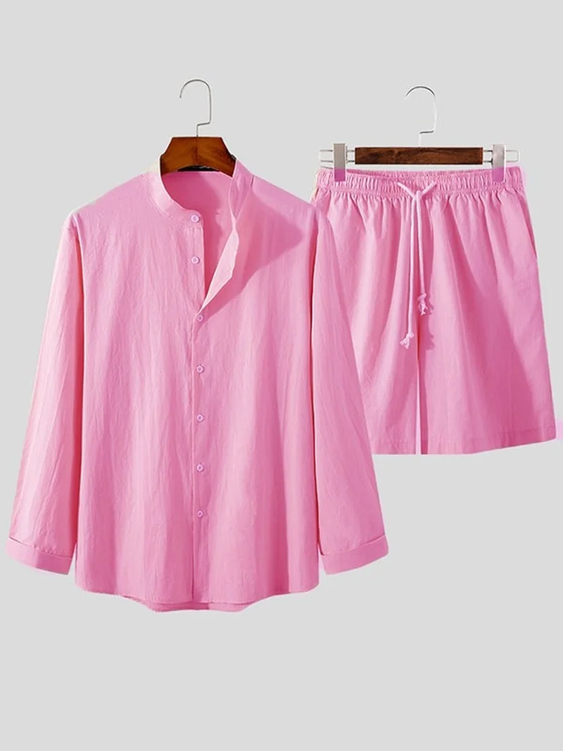 Men Shorts Set 2023 Spring Simple Long Sleeves and Shorts Set Southeast Asia Loose Cotton and Linen Men's Solid Two-piece Set