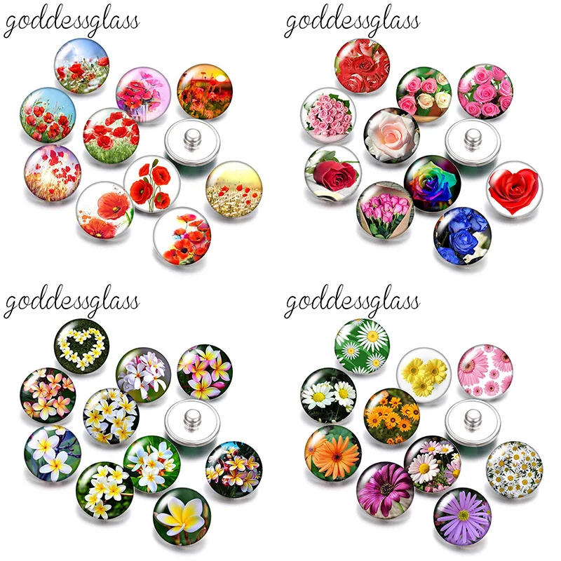 

New Flowers Rose Poppy Daisy Plumeria lotus lily 10pcs mix Round photo 12mm/18mm snap buttons for snap jewelry DIY findings