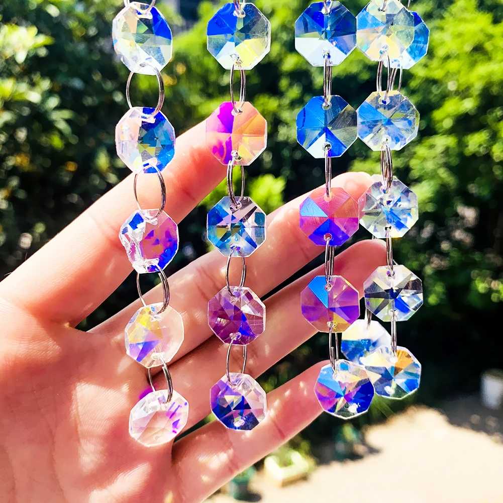 Aurora Crystal Octagonal Bead Chain Garland 5PCS Chandelier Prism Parts Glass Beads Curtain Home Party Wedding Centerpiece Decor