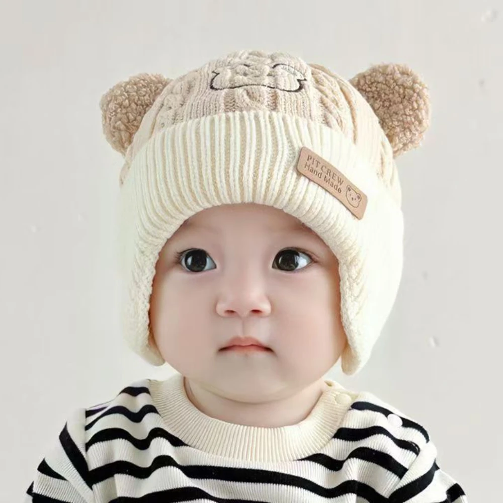 Cute Bear Baby Earmuffs Cap Winter Warm Kids Plush Pullover Hat 6-36month Toddler Beanies Thicken Velvet Children Crochet Bonnet
