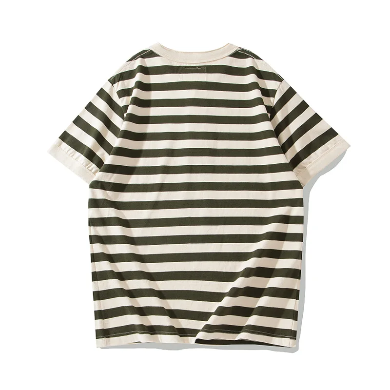 OKONKWO Heavyweight Short Sleeve Striped Henry Neck T-Shirt Deck Sea Soul Shirt Henry Shirt Outdoor Fitness Sports Tops 240g