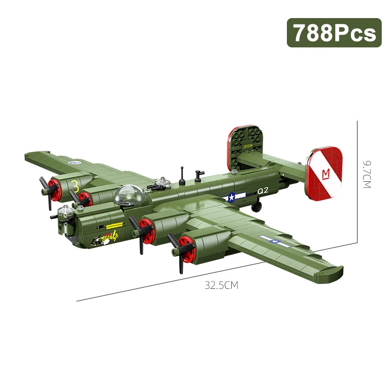 Military WW2 Strategic Long-Range Bomber Fighter Model Building Blocks Army Aircraft Airplane Weapons MOC Bricks Toys Kids Gift