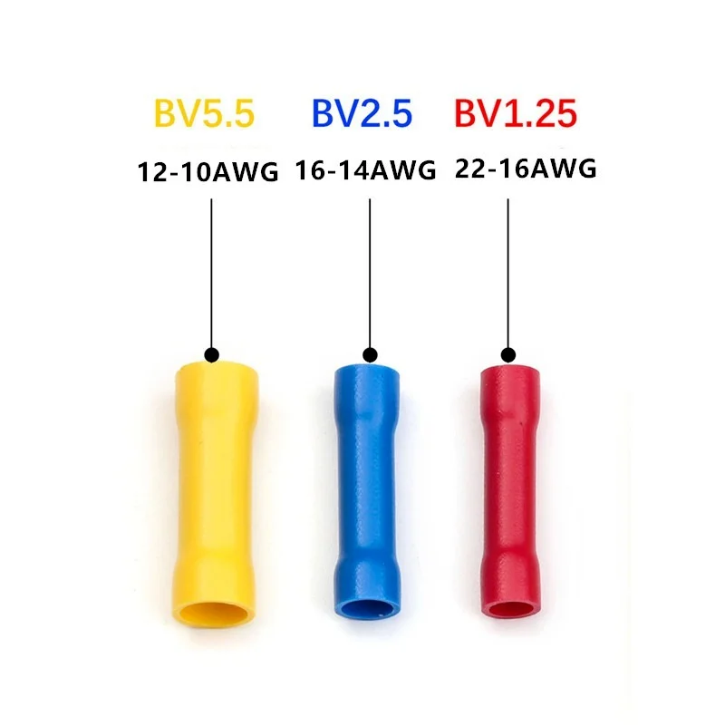 Assorted Butt Connector Insulated Crimp Terminals Electrical Cable Wire Connectors BV1.25 BV2.5 BV5.5 Car Accessories