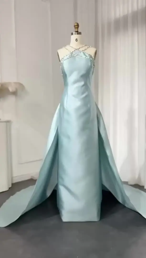 Lily Light Blue Prom Dress Shiny Beading Halter Party Dresses Stain Sleeveless Celebrity Gowns with Detachable Tail Customized - Image 2
