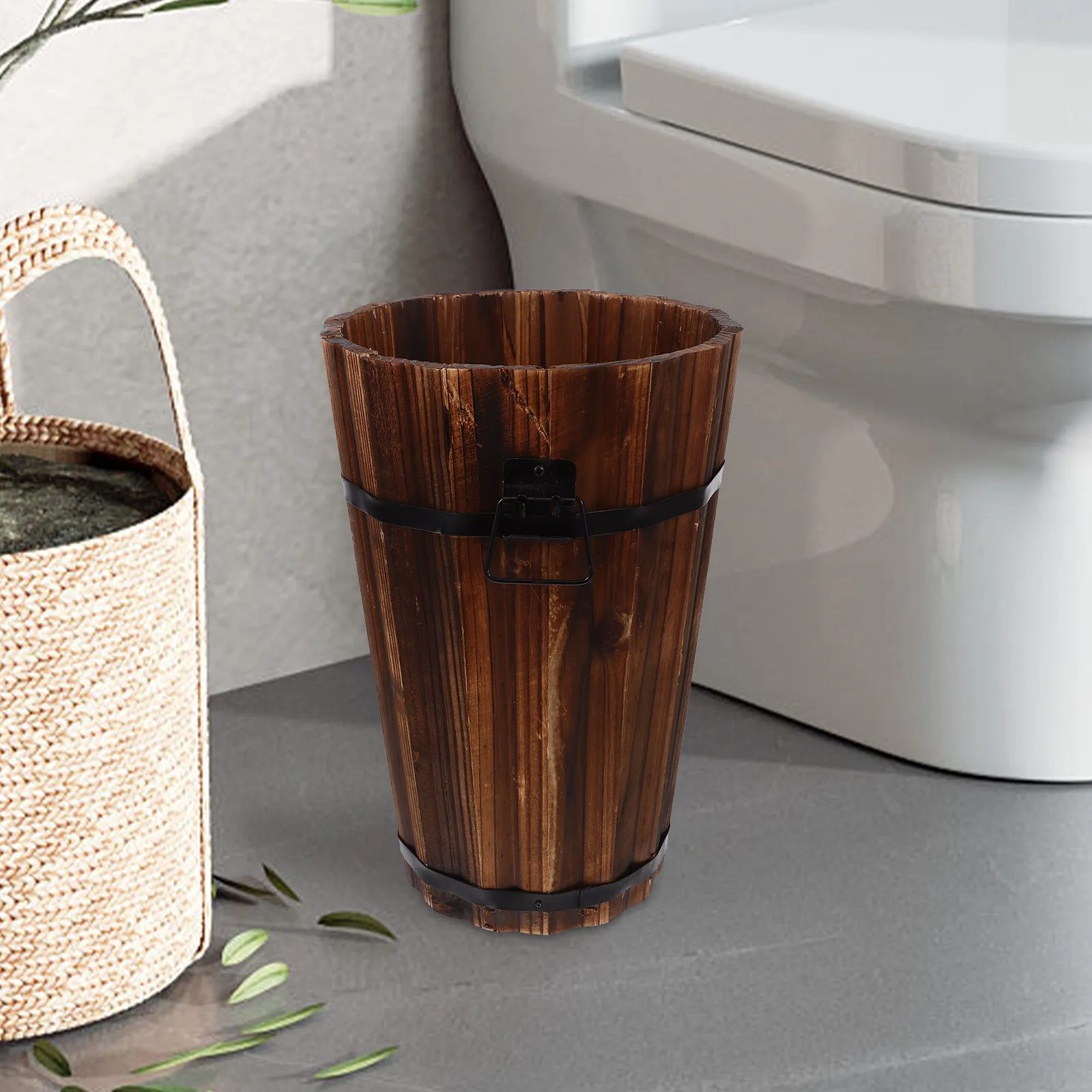 소박한 나무 쓰레기통 중간 크기 원형 욕실 쓰레기 바구니 침실 사무실 욕실용 ..