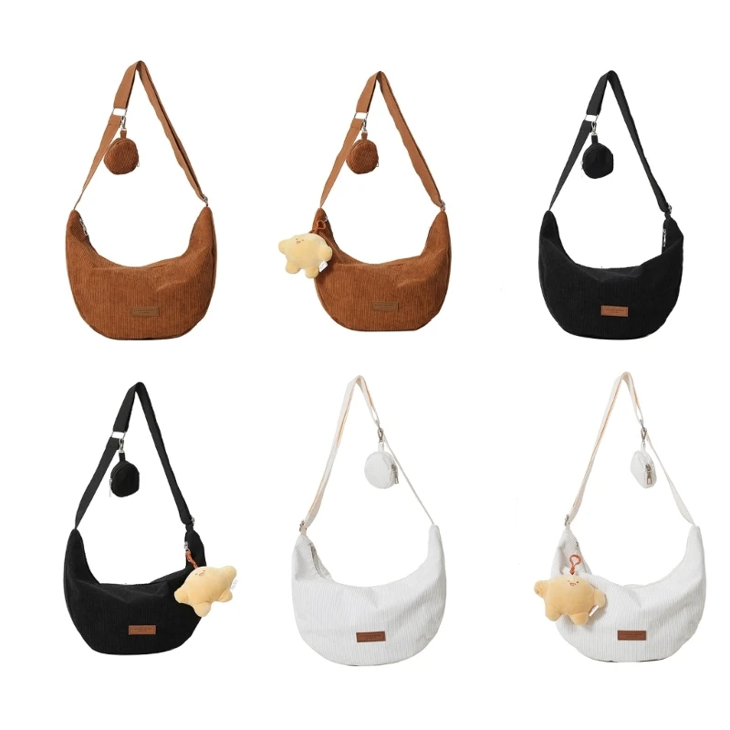 

E74B Versatile Corduroy Shoulder Bag with Pendant Decoration for Various Occasions