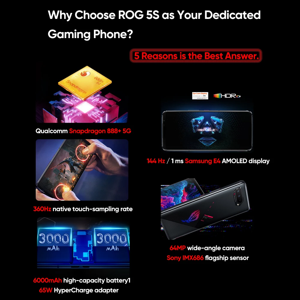 Global Rom Asus ROG Phone 5s ROG 5S 5G Gaming Phone 144Hz Display Snapdragon 888 Plus 6000mAh Fast charging 65W Smartphone