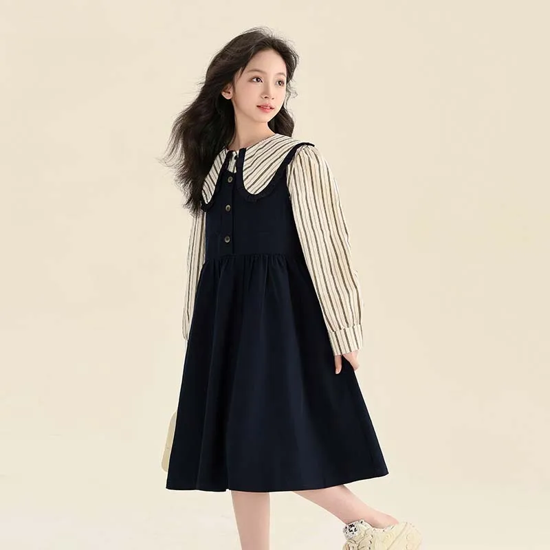 

Spring Autumn School Girl Clothing Set Children Girl Striped Long Sleeve Shirt+Suspender Skirt Junior Girl Academy Style Suit