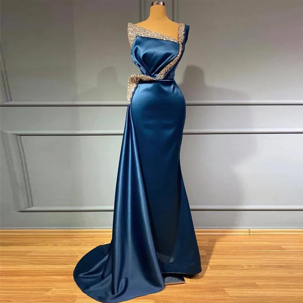 

Dark Blue Satin Evening Dresses Women's Elegant Mermaid Pleated Sparkling Sequin Prom Gowns 2023 Robe Cocktail Party Robe Soirée