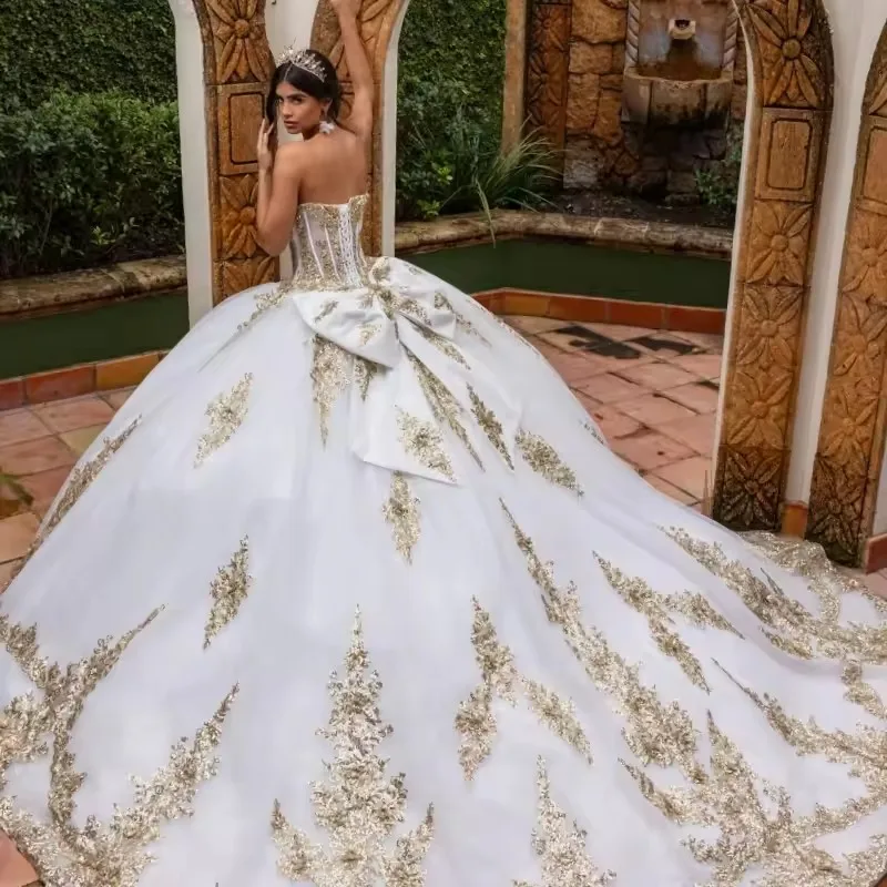 Customized Gold Lace Appliqued Princess Quinceanera Dress White Tulle Girl  Birthday Dress For 16 Years Vestido De 15 Quinceaera - AliExpress 320