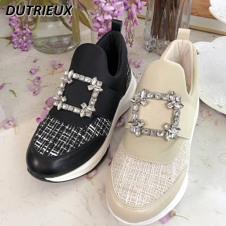 

2024 New Japanese Casual Comfortable Square Buckle Rhinestone Sneaker Height Increasing Mesh Breathable Sports Shoes Pumps Women