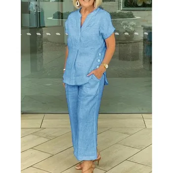 Fashion Cotton Linen Short Sleeved Women Shirt Pants Suit Spring Summer New Simple Casual Pocket Pants Female Office 2 Piece Set 1