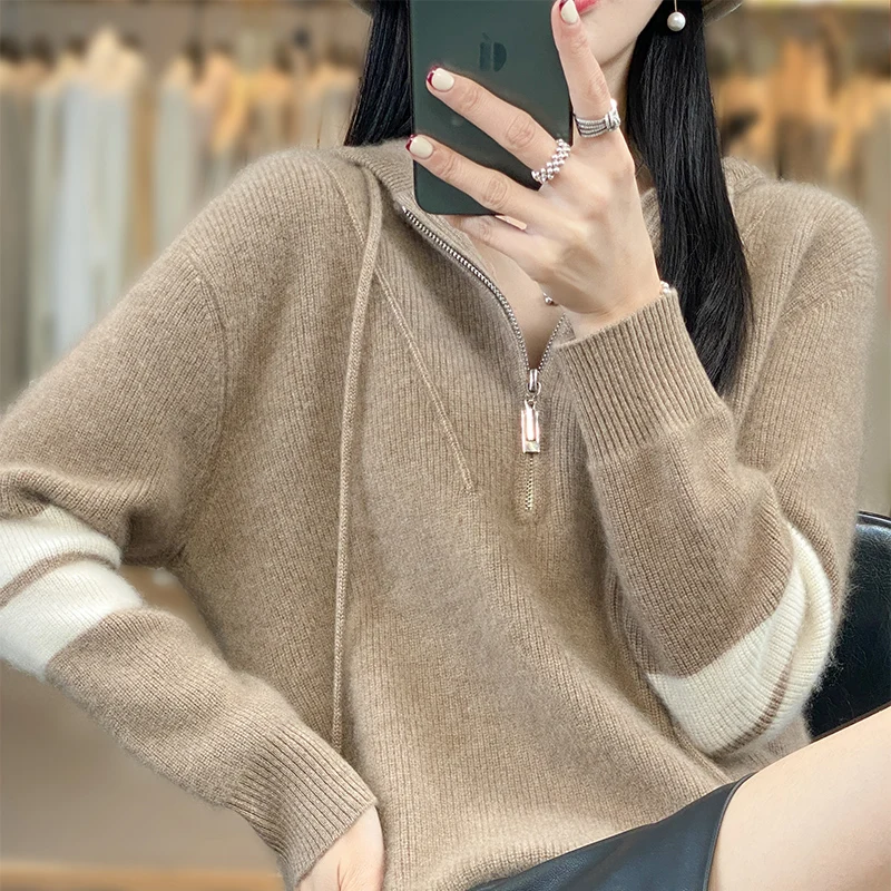 

Hot Sale New Style 100% Cashmere Wool Ladies Hooded Sweater Loose High-End Long-Sleeved Knitted Solid Color Pullover Winter