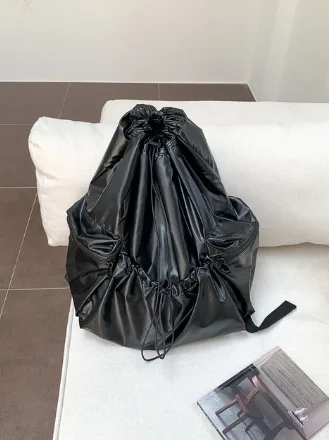 Fashion Silver Black Ruched Drawstring Backpacks For Women 2024 New Backpack Light Weight Students Bag Travel Female Bag