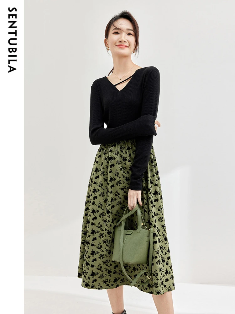 

Sentubila Patchwork Dress for Women 2023 Autumn New Fashion Elegant V-Neck High Waist Slim Fit Midi Dress Office Lady 133L51297