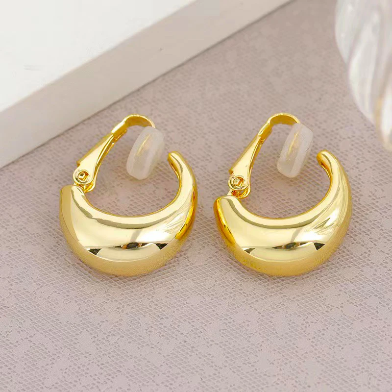 Gold Color Round Clip Earrings for Women Non Pierced Hoops