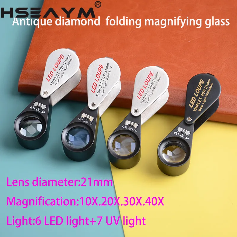 

10X 20X 30X 40X Metal LED Fold Handheld Magnifier Loupe Repair Magnifying Glass Antique Gemstone Jade Diamond Ring Appreciation