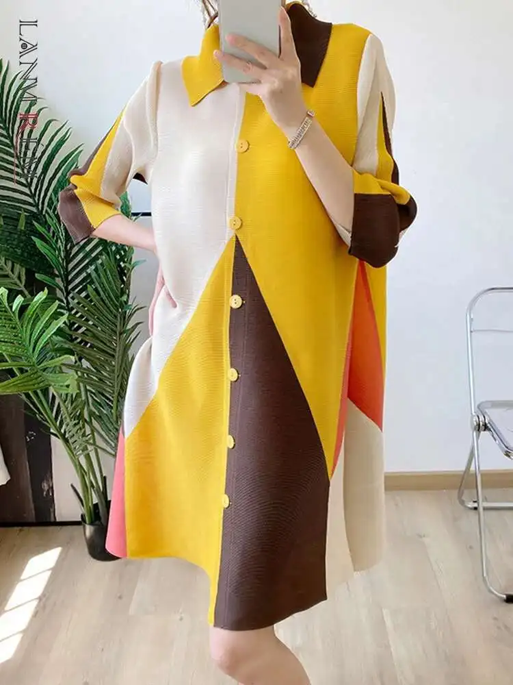 LANMREM Turn Down Color Block Pleated Dress For Women Three Quarter Sleeves Single Breasted Loose Dresses Female Fashion 2R1982 - Image 2