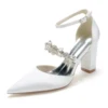 Thick Heel Lady Satin Evening Dress Shoes Pointed Toe with Crystal Strap Middle Ankle Strap Bridal Wedding Party Cocktail Lady 2