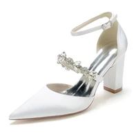 Thick Heel Lady Satin Evening Dress Shoes Pointed Toe with Crystal Strap Middle Ankle Strap Bridal Wedding Party Cocktail Lady 2