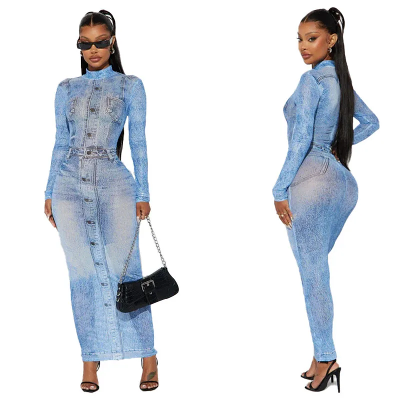 

Cowboy Printing Dress for Women 2023 Autumn Long Sleeve Appear Thin Wrap Buttocks Slim Fashion Clothing Female Longuette